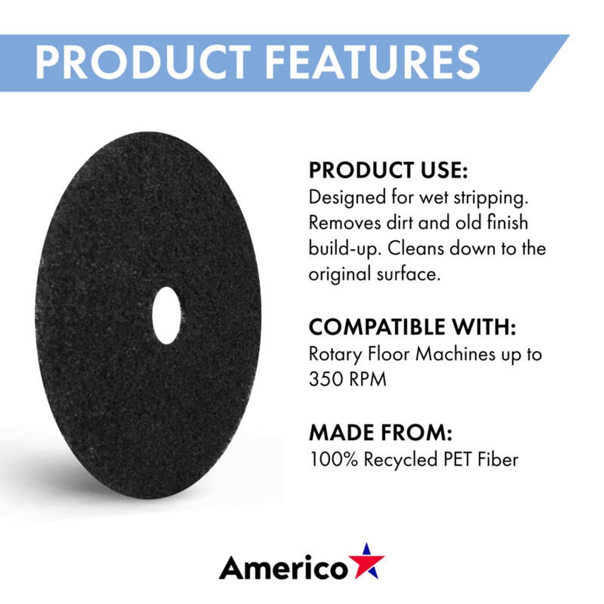 Americo Black Strip Stripping Floor Pad, 10" Diameter, 3.25" Center Hole, 5 Pads/Case, Made of 100% Recycled Content, USA Made - Image 4
