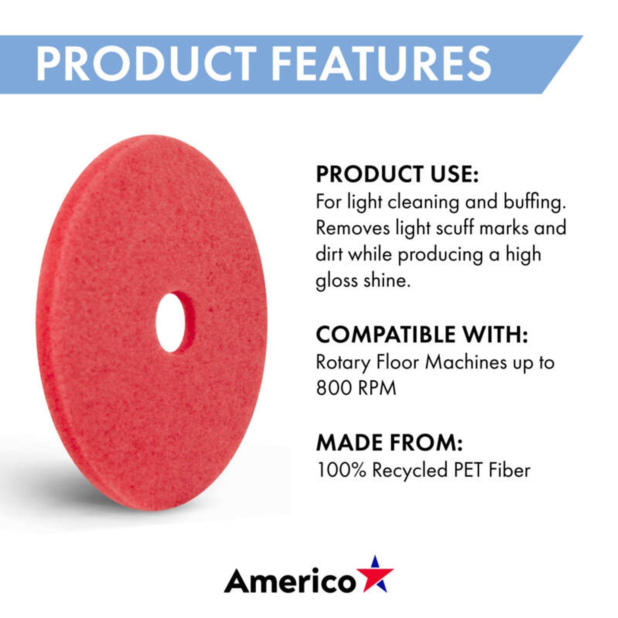Americo Buffing Pads, 13" Diameter, Red, 5/Carton - Image 4